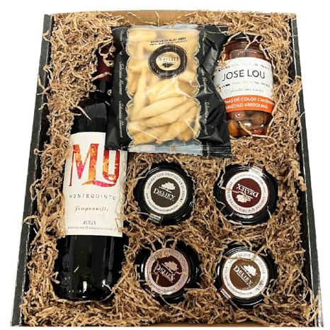 Estuche para regalo con vino tinto Rioja con pates de Iberitos, aceitunas Lou y cremas de quesos y colines Deliex delicias de Extremadura