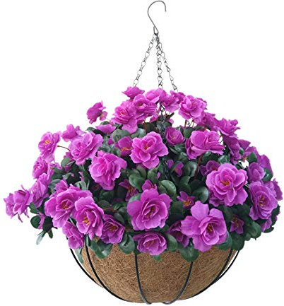 Lilafarbene Rhododendron Kunstblumen Kunstblumen Azalee Kette Hängekorb mit Blumentopf geeignet für drinnen und draußen (kleiner Korb)