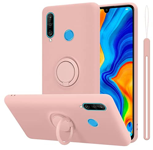 Cadorabo Hülle kompatibel mit Huawei P30 LITE Schutzhülle TPU Silikon Case Liquid Design mit Ring Slim Kratzfest Liquidsilikon Microfaser mit Rundumschutz Case Hülle für Huawei P30 LITE in Rosa