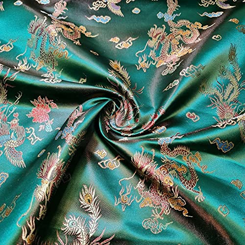 Tissu brodé traditionnel chinois en brocart brodé/satin de soie de qualité supérieure - 150 cm de large - Vendu en longueurs pré-découpées (vert bouteille)