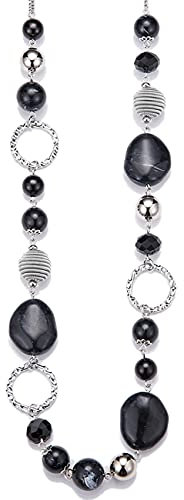 Bulinlin Damen Lange Perlenkette Statement Boho Silber Metallkette Hochzeitstag Modeschmuck Geschenke Pullover Halskette für Frauen(Black)