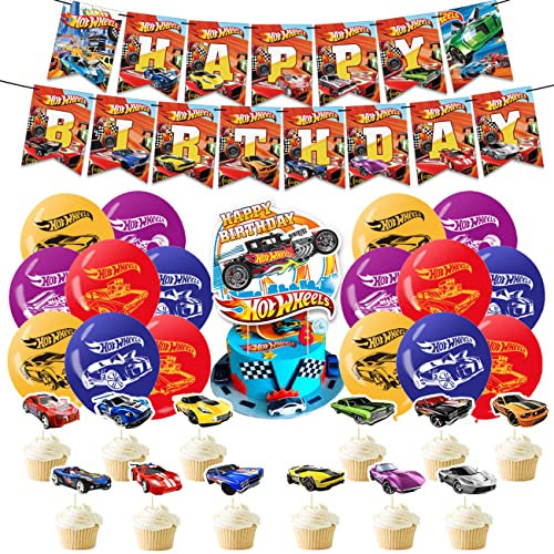 BSNRDX Racing car Party Deko, Geburtstagsparty-Dekoration Hot Wheels Geburtstagsdeko inklusiv Banner, Luftballons, Cake Topper für Kinder Geburtstag Party Dekoration 46 Pcs