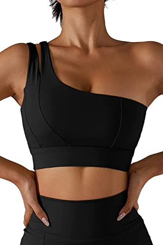 Sport-BHS Für Damen, One-Shoulder-Yoga-BH Mit Hohem Halt, Ausgeschnittene Träger, Sportlich, Laufen, Workout, Bauchfreies Oberteil (Schwarz,M)