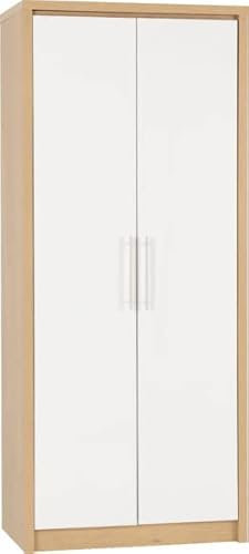 Kelsey Stores Seville 2 Door Wardrobe Cloth Hanging Storage Wardrobes Cabinet With High Gloss Doors (White High Gloss/Light Oak Effect Veneer)