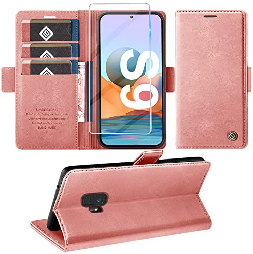 Handyhülle für Samsung Galaxy S9 Hülle mit Schutzfolie, Standfunktion Kartenfach Wallet Premium Leder Schutzhülle S9 Flip Case Cover Stoßfeste Klapphülle S9 5.8 Zoll (rosa)