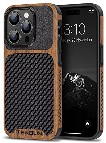 TENDLIN Compatible with iPhone 14 Pro Case Wood Grain with Carbon Fiber Texture Design Leather Hybrid Slim Case Black