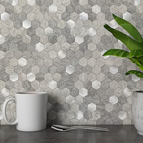 MOFIT Hexagon 3D Self-Adhesive Wall Tile Stickers,Kitchen Splashback Marble Effect & Metal Mosaic Peel and Stick Wall Tiles Heat Resistant(Gray,5sheets)