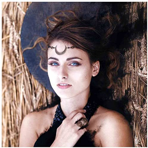 Yheakne Boho Mondsichel Haarkette Stirnband Schwarz Kristall Kopfkette Gothic Stirnband Haarteil Zigeuner Stirnkette Tiara Festival Haarschmuck Für Frauen Und Mädchen