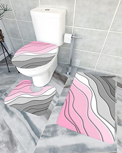 Badematte Set 3 Teilig Moderne Rosa Graue Weiße Farbe Ombre Badezimmermatte Memory-Schaum U-Förmiger Wc-Bodenmatte Soft Toilettenmatte Für Wc, Badezimmer, Bad