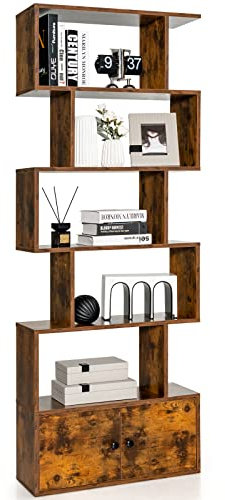 GIANTEX Bücherregal 5 Ebenen mit Schrank, Standregal freistehend aus Holz, Raumteiler Aktenregal mit Kippschutz, Aufbewahrungregal 70x23x183 cm, Holzregal für Wohnzimmer (Walnuss)