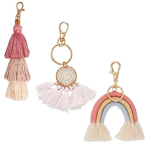3 Stück Böhmischer Quasten-Schlüsselanhänger, Regenbogen-Quastenanhänger, Pompon-Quasten-Charme, Traumfänger Quaste Schlüsselanhänger, Handgewebte Dekorationen, Süße Accessoires Für Damentaschen