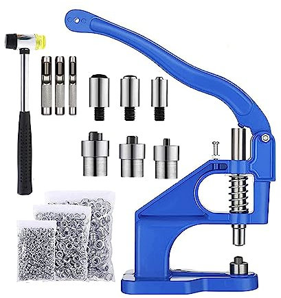 Kit de herramientas para ojales con ojales de prensa manual con 3 troqueles (#0/#2/#4) de 1/4, 3/8, 1/2 pulgada (6, 10, 12 mm), 1500 ojales dorados, 1 martillo, para botones a presión Remaches Perlas