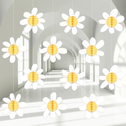 Poen 12 Stück Gänseblümchen Groovy Boho hängende Party-Dekorationen Gänseblümchen Geburtstag Party Dekorationen Sommer Retro Wabenbälle Dekor Klassenzimmer Blume Deckenkugeln für Babyparty
