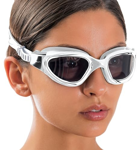 AqtivAqua Swimming Goggles Adult and Kids Goggles Kids 6-14 Men Women Swim Children Boys Girls Polarized DX-P (Metallic Silver, Silver case, Polarised lens)