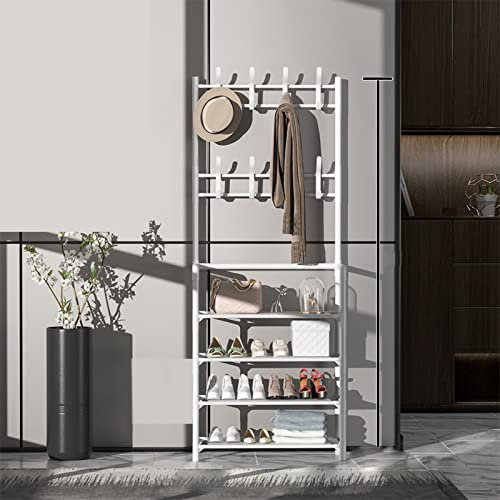LKPOMI Porte-Manteau sur Pied en Métal à 4/5 Niveaux avec étagère pour Manteaux et Chaussures, Arbre de Hall D'entrée avec Banc et Rangement pour Chaussures pour Vêtements,(60 cm 4 Couches Blanc)
