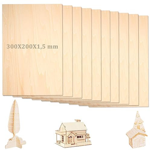 Holzplatte, 10 Stück Sperrholzplatten, 300X200X1,5mm, Holzplatten zum Basteln, Sperrholzplatten Balsaholz, Holzstäbchen zum Basteln, zum Basteln oder Modellbau Bastelholzplatten