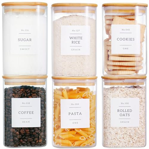 CZZGSM Lot de 6 bocaux de rangement carrés en verre avec couvercles hermétiques en bambou et 132 étiquettes de garde-manger – Boîtes en verre de 1000 ml avec couvercles en bois – Boîtes de rangement