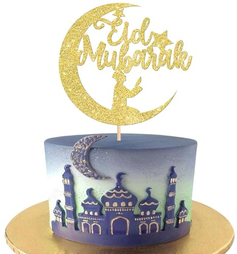 Xsstarmi 1 Pack Eid Mubarak Cake Topper Glitter Gold Moon Eid Ramadan Hajj Mubarak Eid Festival Cake Pick Decoration for Eid Mubarak Ramadam Kareem Party Cake Decorations