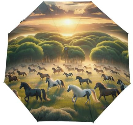 ODAWA Winddichter tragbarer Regenschirm, Pferde, automatisch, faltbar, leicht, Reise-Regenschirme für Damen und Herren