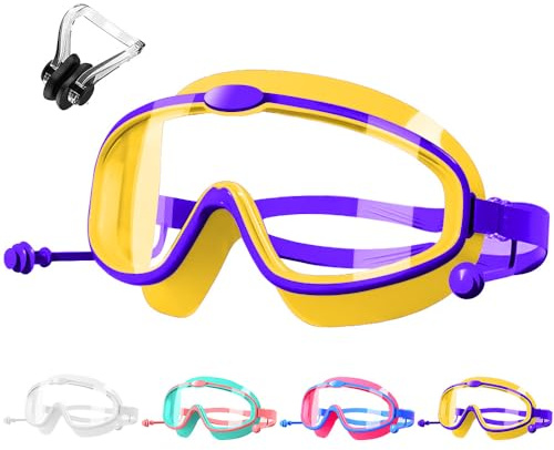 HINATAA Occhialini Nuoto Bambini con tappi per le orecchie,Occhiali Subacquei immersione Bambino con clip per il naso,Anti Nebbia Occhialini Piscina Bambino ragazzi e ragazza 3-8 anni (Giallo)