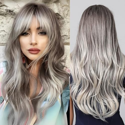 Testar Long Wavy Silver Grey Wig With Bangs - Heat Resistant Synthetic Fiber Wig for Daily Party Cosplay - 26IN (Brown Grey Ombre)