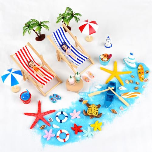 OdiuK 36 Stück Strand-Mikrolandschaft, Strand Deko Miniatur mini liegestuhl Sonnenschirm Kleine Palme Muschel Schildkröte Deko Set, Miniatur Ornament für DIY Mini Gartenmöbel Urlaub Geschenk