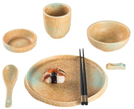 Assiettes à sushi, set de vaisselle 7 pièces pour personnes, vaisselle japonaise comprenant assiettes à sushi, bols, bols à sauce, cuillères et baguettes