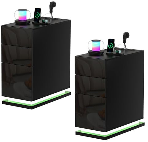 PIPIPOXER LED Nachttisch 2er Set mit Steckdose & USB, Nachttisch Schwarz Hochglanz mit 16 Farbe RGB Licht, Nachttisch Schmal mit 3 Schubladen Schmaler Kleiner Nachtschrank im Schlafzimmer, 50x30x63cm