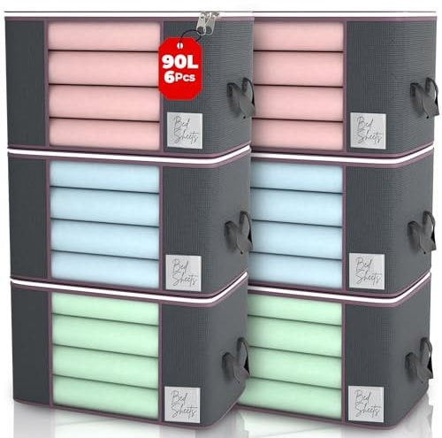 Clothes Storage Bags with Zips 90L Pack of 6 Large Capacity Foldable Breathable Storage Boxes with Thick Reinforced Handles Transparent Window Grey Storage Bags for Toys, Clothing, Bedding, Blankets
