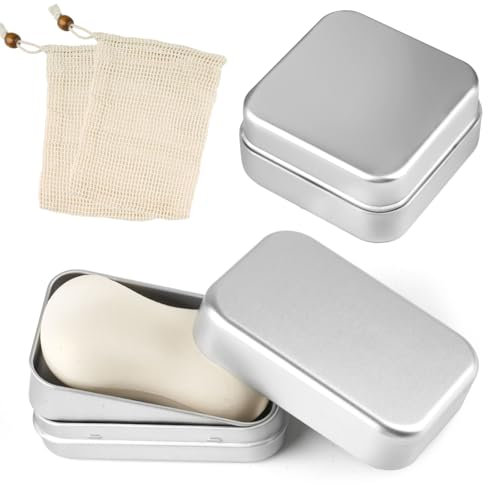 2 Stück Seifendose Reise Wasserdicht Seifenbox Festes Shampoo Aufbewahrung Seifenschale Metall Aluminium mit Soap Bar Bag, Abtropfgitter seifendose mit Deckel (Quadrat, Rechteck)