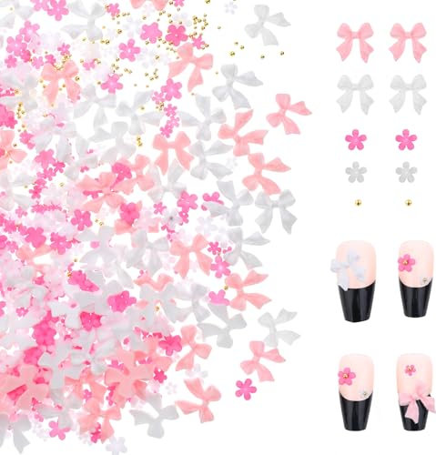 Prasacco Lot de 1000 breloques pour ongles 3D - Jolies fleurs - En résine - Pour la conception des ongles et l'artisanat (rose, blanc, doré)
