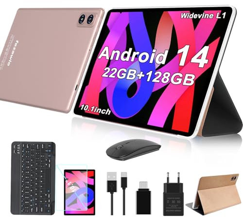fezawio Android 14 Tablet 10 Zoll 22GB RAM+128GB ROM Octa-Core Tablet 5G WiFi, Mit Tastatur Maus, 8000mAh, (1TB TF) Mit HüLle + EIN Jahr Bildschirm Bruchversicherung-Roségold