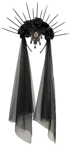 Vobumix Halloween Schleier Stirnband Krone Gothic Schwarz Rose Schleier Stirnband Gothic Braut Kostüm Kopfbedeckung Halloween Party Kostüme