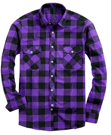 Camicia a quadri a maniche lunghe da uomo con bottoni e risvolto vestibilità regolare casual da lavoro camicie a quadri casual camicie leggere top, Q-051 Viola, S
