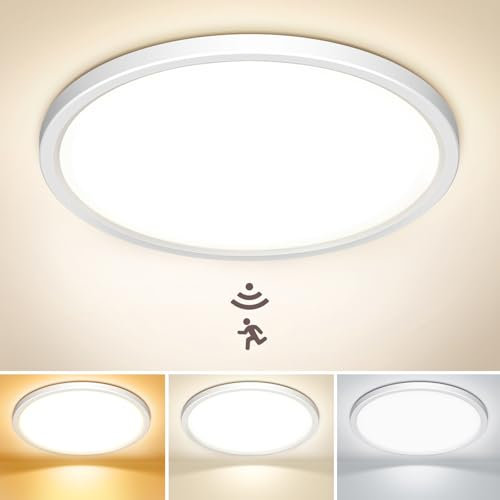 NIBSHOOM LED Deckenlampe mit Bewegungsmelder, 3000K/4000K/6500K 18W IP44 Wasserfest Deckenleuchte Innen, mit Radar Bewegungssensor und Dämmerungssensor Lampe für Flur Bad Treppe Balkon Garage, 22cm