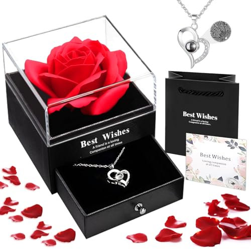 Ewige Rose mit Kette,Ewige Rosenbox,Kette Valentinstag,Herzkette,Schmuck Geschenkbox,Mit I Love You Halskette zum Valentinstag,Muttertag Weihnacht,Hochzeit Jahrestag Geburtstag Geschenk für frauen
