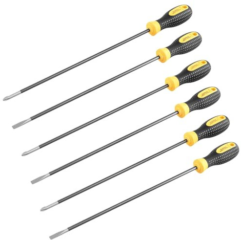 SINJEUN Lot de 6 tournevis, 3 tournevis cruciformes et 3 tournevis plats, 6 x 300 mm, longs, magnétiques