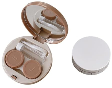 Feilguee 2 PCS Contact Lens Case,Travel Contact Lens Box with Mirror Tweezers Remover Tool Solution Bottle for Outdoor Office Daily Use (White,Khaki)