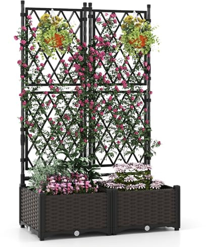 COSTWAY Blumenkasten mit Rankgitter, Metall PP, Pflanzkasten für Kletterpflanzen, Pflanzkübel mit Sichtschutz, Hochbeet mit Spalier & Selbstbewässerung, Blumenkübel Garten Balkon, Schwarz, 80x40x120cm