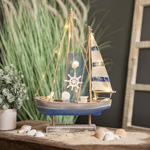 Holz Segelboot mit LED 30 x 45cm Meeresdeko Mediterran Tisch-Deko Maritim