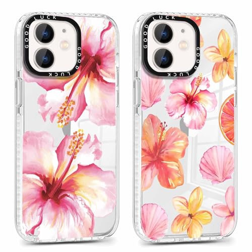Saqmkil 2 Stück Hülle für iPhone 12/iPhone 12 Pro,Aesthetic Hibiskus Blumen Muster Design Mädchen Frauen Handyhülle, Transparent Silikon Süßes Blume Motiv Case Schutzhülle für iPhone 12 Pro 6,1'',Rosa