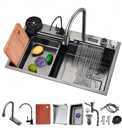 Ecoxsnz Fregadero De Cocina Con Cascada, 80 cm Fregadero Nano De Acero Inoxidable Negro Con Grifo Extraíble, Lavavasos Y Set De Accesorios