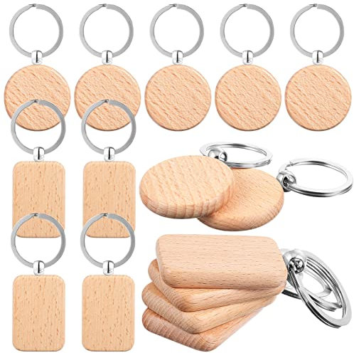 Beatifufu 10Stücke Holz Schlüsselanhänger Runde und Rechteckige Formen Blanko Holzschilder für DIY Gravieren und Basteln für Namens und Bag Tags