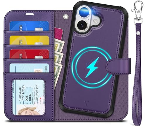 TUCCH Detachable Wallet Case for iPhone 17 (6.3), Deep Purple | 4 Card Holders, RFID Blocking, Wireless Charging, Kickstand, Wrist Strap, Shockproof TPU, PU Leather, Magnetic, Folio Cover