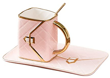 Phefop 300 Ml Handtasche Kaffeetasse mit Löffel, Stilvoller Keramik -Tasse mit Tablett für Tee, Kaffee und Mehr (3)
