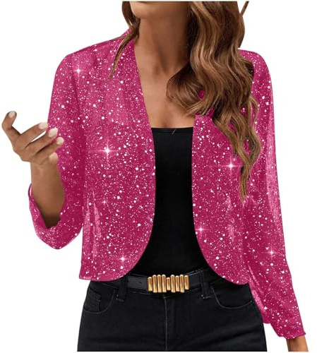 UHouse Bolero Damen Glitzer Cardigan Elegant Festliche Oberteile Party Jacke Pailletten Bolerojacke Leicht Schulterjacke Trachten Strickjacke Shrug Outfit Festival Bluse Langarm Frauen Kleidung Pink S
