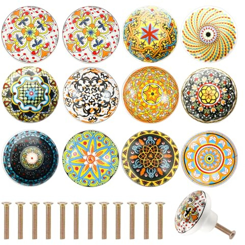 12 Stück Keramikknäufe, 39mm Boho Möbelknöpfe, Runde Schubladenknöpfe, Türknöpfe Kommode Schublade, Schrankknöpfe, Porzellanknäufe, Schrankgriffe, Keramikgriffe für Schränke, Kommoden, Möbel Dekor