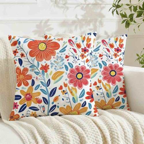 Avalune Kissenbezug Frühling 45x45 Blumen Rot Blau Kissenbezüge Sommer Kopfkissen Outdoor Kissenhüllen Bunte Sofakissen Bezug Zierkissenbezüge Wohnzimmer Garten Sofa Couch Deko，2er Set