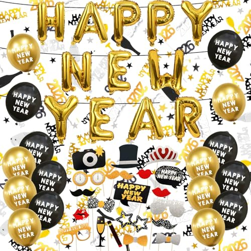 Silvester Deko 2026,Neujahr Silvesterdeko,Neujahr Deko 2026 Set,Neujahrsdeko mit Ballon,Schwarz Gold Neujahr Deko 2026 Happy New Year Banner,Foto Requisite Party Dekoration Set für Silvesterparty