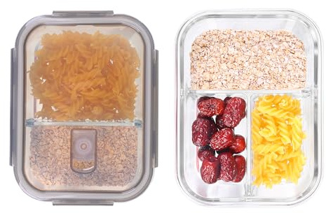Gcirn Glass Lunch Box with Lid1040ml*2 -Airtight GlassMeal Prep Containers Reusable - 2Compartment Food Storage with Free Sponge - Freezer Containers - Kitchen Essentials,Lunch Box withCompartments